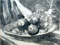 Still life glass print, plate backdrop and fruit.